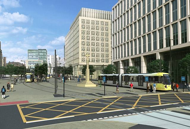 AN ARTIST'S impression showing the new Metrolink stop in St Peter's Square, due to open at the end of August