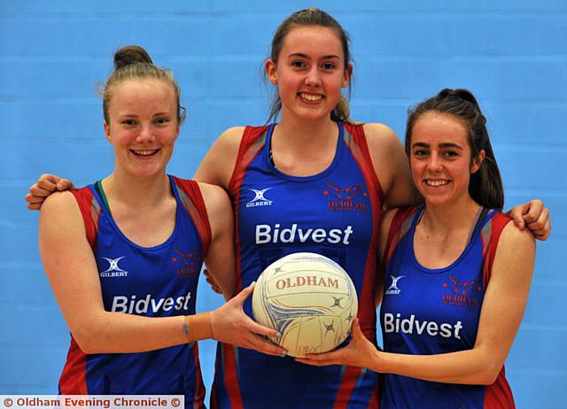 POWER OF THREE . . . Oldham Netball Club players selected for England under-21s tours, Gabby Marshall (left), Amy Clinton and Iona Darroch. 
