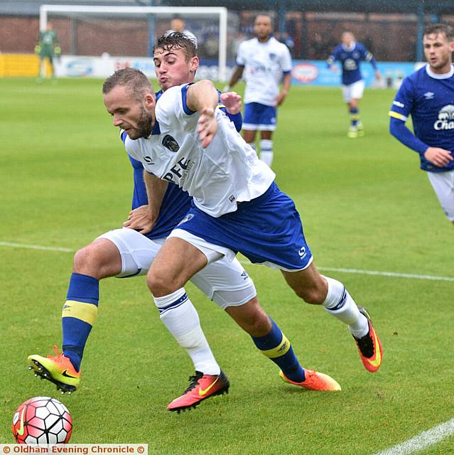 ON THE CHARGE . . . Athletic's Ryan McLaughlin takes on the Everton defence in last night's Lancashire FA Senior Cup Final. PICTURE by ALAN HOWARTH