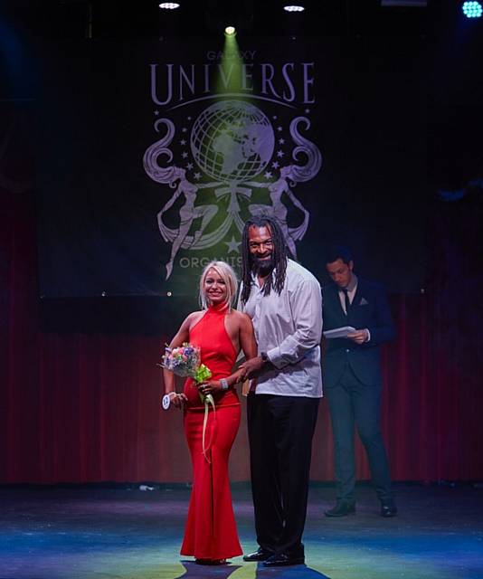 Liberty Baxter-Cox at Miss Galaxy Universe Europe competition. Award present by former Gladiator Saracen