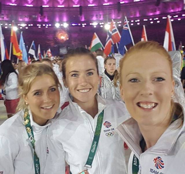 GOLDEN girls . . . Nicola White, right, with her teammates Georgie Twigg & Maddie Hinch at last night's closing ceremony of the Rio Olympics