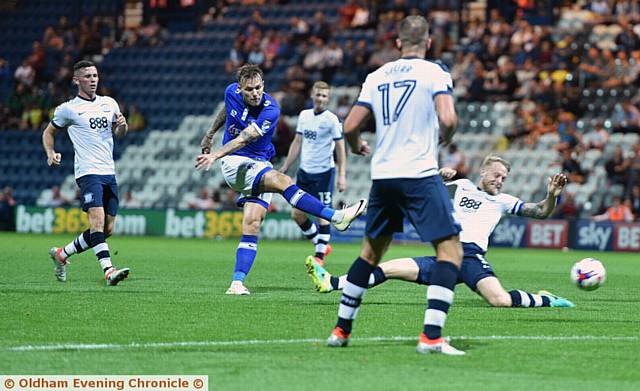 NOT THIS TIME . . . Lee Erwin takes a strike at goal at Deepdale as Athletic ultimately bowed out of the EFL Cup competition