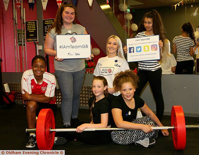 FEMALE weightlifting as part of I Am Team GB's sports day, held at Mahdlo Youth Zone. From the left, (back row), Lauren Halliwell, aged 14, Leanne Livsey, Mahdlo fitness instructor, Morgan Dunne, aged 13. Front, from left, Feiruz Abdullahi, aged 20, Amy Mayall, aged 12, Kara Leighbryan, aged ten 
