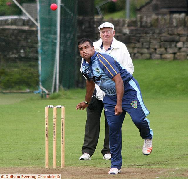 20/20 cricket match, held at Greenfield cricket club, Oldham. Pic shows, Samit Patel, bowling for Greenfield Thunder against Crompton Crusaders..