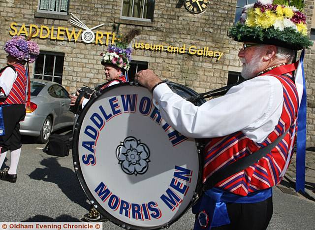 Saddleworth Museum, Uppermill, Oldham, reopens. Pic shows, the Saddleworth Morris Men dancing outside the museum before the opening.