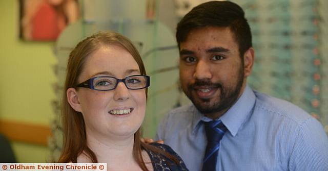 Nicola Delves (24) had her life saved after a routine eye test by a keen optician, Komrul Hussain at Specsavers, Royton..
