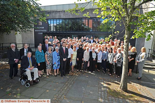 EXPERT witnesses . . . past and present colleagues with MP Jim McMahon (front) mark the final day at Oldham Magistrates' Court
