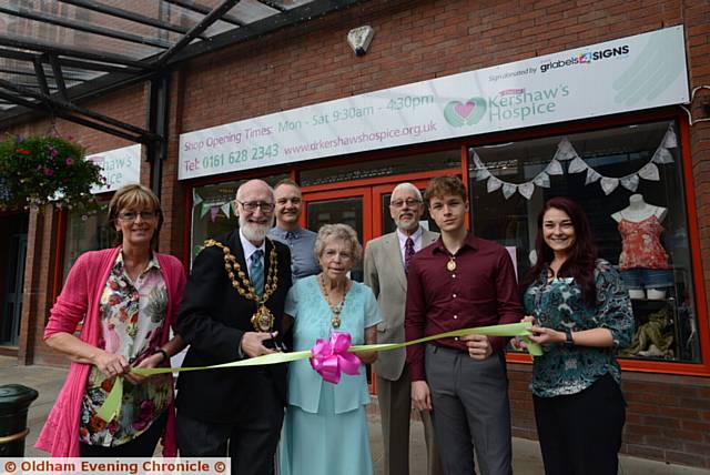 Opening of new Oldham branch of Dr. Kershaw's Hospice charity shop on Albion Street. Left to right, Alison Taylor (area manager), Mayor Cllr. Derek Heffernan, Darren Hunt (shop manager), Mayoress Di Heffernan, Vernon Cressey (chairman Dr. K's), Youth Mayor T. Jay Turner, Lisa Pearson (Dr. K's).