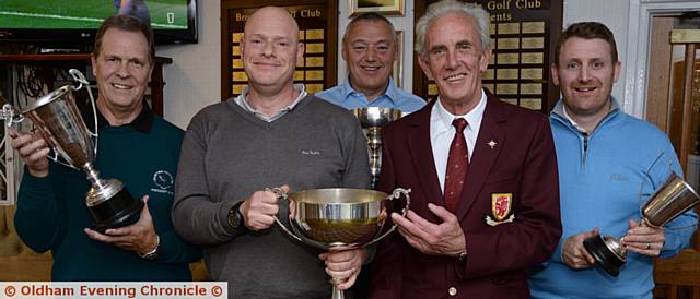 PRIZE TIME: Ian Grimsditch of Stamford Golf Club ('A' league), Howard Lawton of North Manchester (Brian Atack Trophy), Carl Murphy of Blackley ('B' league), Brookdale Golf Club captain Doug Unsworth and Paul Keogh of North Manchester 'A' Knock-out Cup).