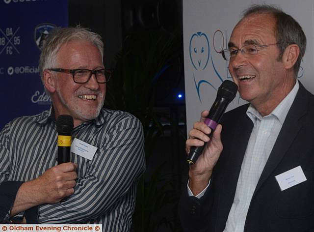 TAKING to the mic . . . Geoff Clarke, Tunnel Engineering Services (left) with Martyn Torr, MC