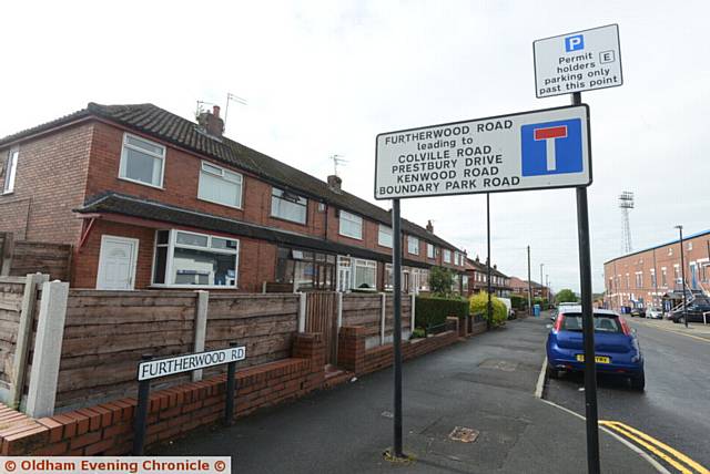 Parking permit holders in Oldham may be charged £15 per year to park outside their houses in future. Pic shows Furtherwood Road, outside SportsDirect.com Park, home of Oldham Athletic.
