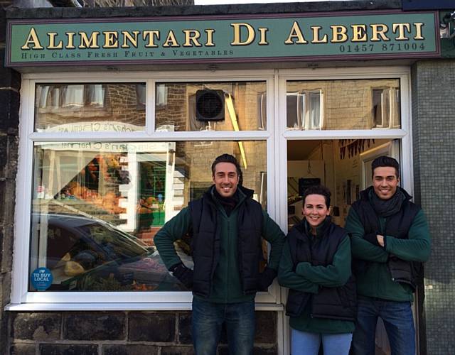 OPEN for business . . . twins John and Tony Alberti who teamed up with their sister Caroline to take over a popular fruit and vegetable shop in New Street, Uppermill

