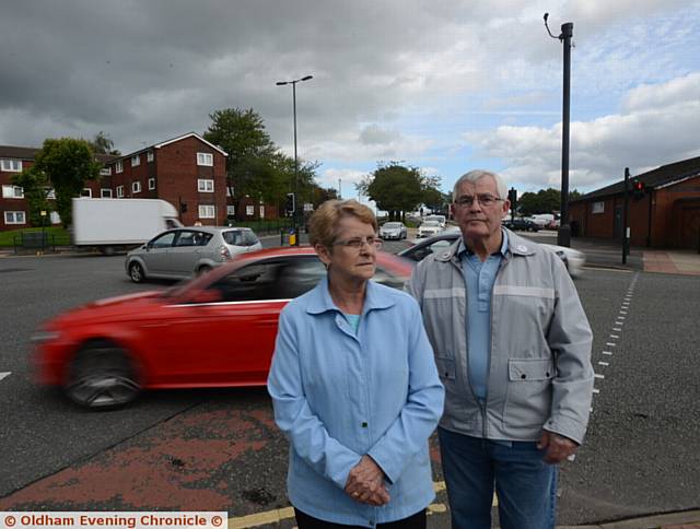 SPEEDING danger . . . Alice Marland and husband Trevor Marland at St Mary's Way