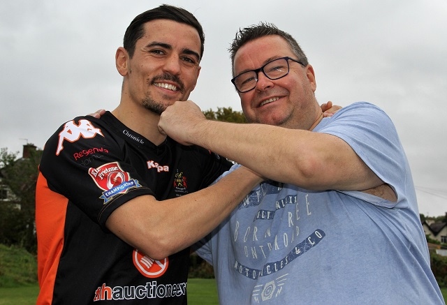 Anthony Crolla with Oldham Rugby Club chairman Chris Hamilton
