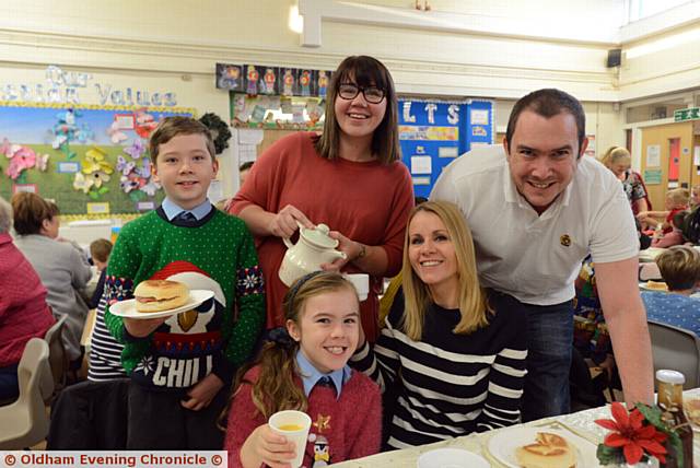 Big Breakfast at Woodhouses Primary School to raise money for Elliot Ardill, a pupil who has  recently been diagnosed with leukaemia. Back left to right, Alfie Hudson (8), mum Emma Mahon (parent governor). Front, left to right, Nell Kilbright (8), mum Amanda Kilbright, dad Gerrard Kilbright.