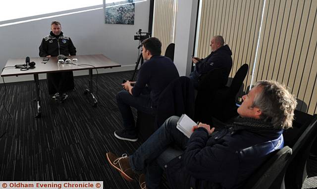 WELCOME HOME . . . John Sheridan addresses the press during his first press conference after returning to Athletic