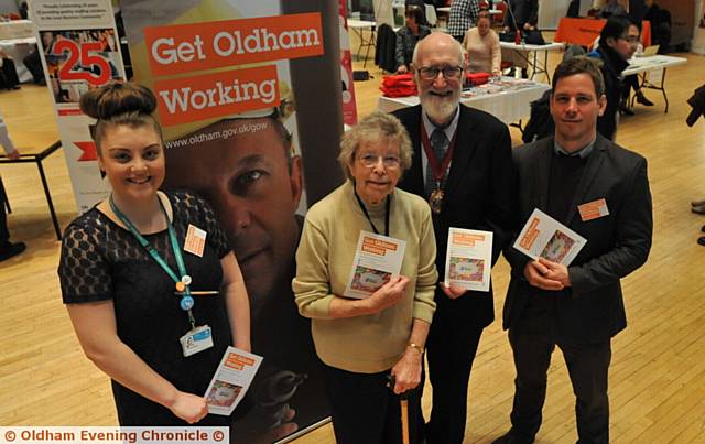 JOBS fair at QE Hall with Victoria Melia (Get Oldham Working), Di Heffernan (Mayoress), Councillor Derek Heffernan (Mayor) and Jonathan Phillips (Get Oldham Working)
