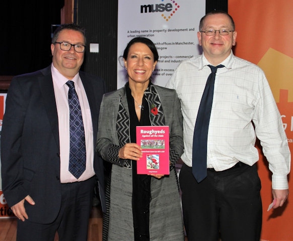Chris Hamilton, Chairman of ORLFC, Debbie Abrahams, MP for Oldham East and Saddleworth and Craig Halstead, author of 'Roughyeds - Against All The Odds’