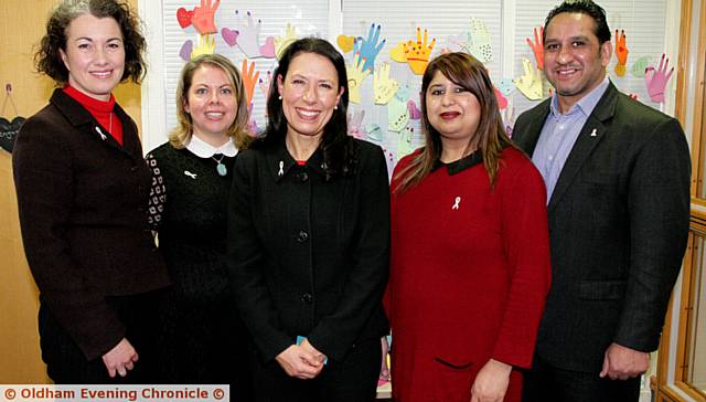 WOMEN and Equalities, Oldham, had a visit from the Shadow Secretary of State for Women and Equalities Sally Champion, left, She is pictured with Sally Bonnie, director and founder of Inspire Oldham, Debbie Abrahams, MP, Councillor Yasmin Toor and Ikram Butt from White Ribbon Campaign, men working to end violence against women
