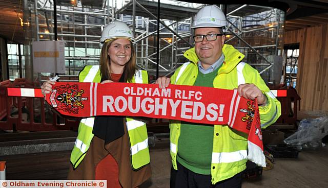GREAT SUPPORT...Maggie's fundraising manager Laura Tomlinson and Oldham RL chairman Chris Hamilton launch the kit sponsor partnership on the site of the new Maggie's centre in Oldham. 