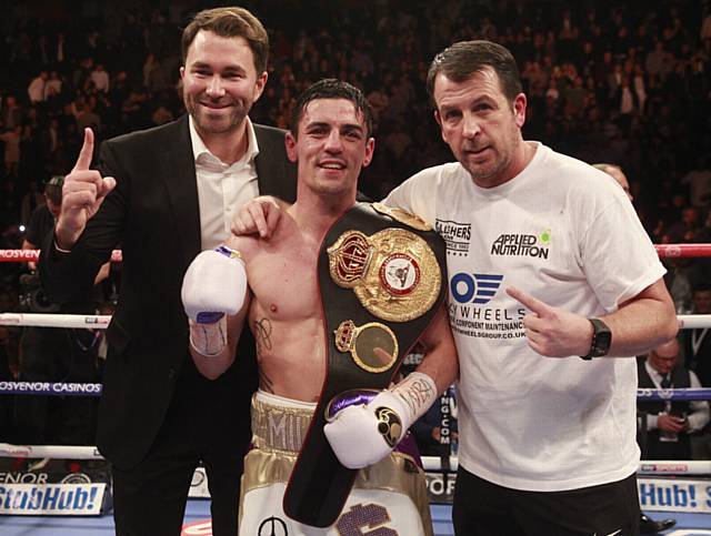 TITLE REMATCH . . . Joe Gallagher (right) and promoter Eddie Hearn with Anthony Crolla after he beat Darleys Perez to win the WBA world lightweight belt in 2015.