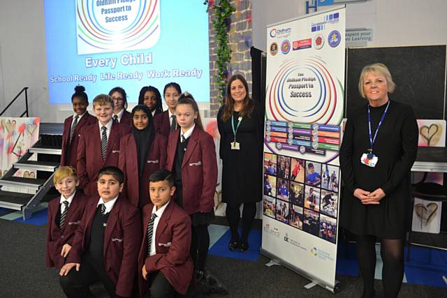HATHERSHAW College pupils with assistant head teacher Lorna Philip (right) and Suzie Ashworth
