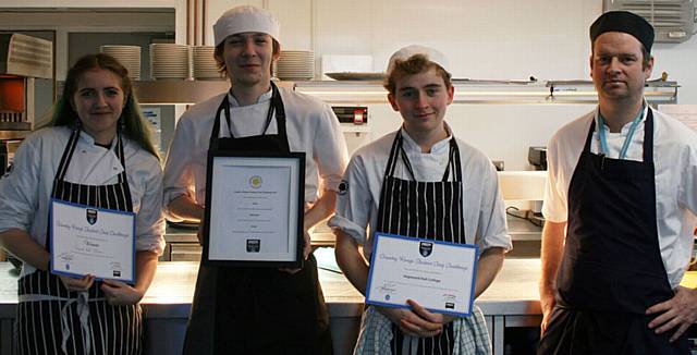 WINNERS . . . (L-R) Hopwood Hall College students Lucinda Lageard, Kyle Rosebury and Marcus Carter-Strutt with Sam Everett, Riverside Restaurant head chef
