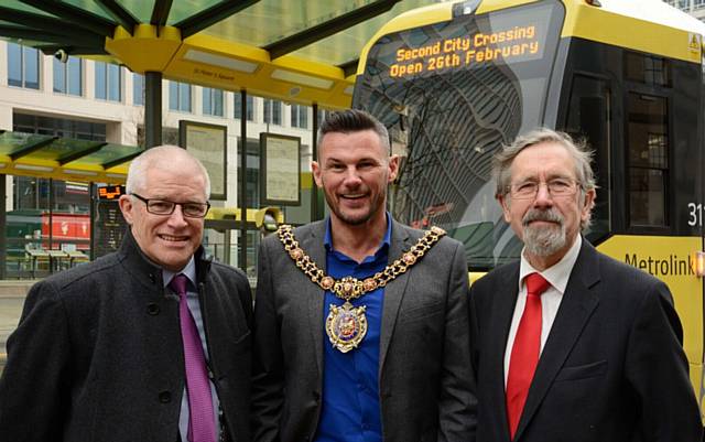 Pictured are: (l-r) Peter Cushing (TfGM Metrolink Director), Cllr Carl Austin-Behan (The Lord Mayor of Manchester), and Cllr Andrew Fender (Chair, TfGM Committee)