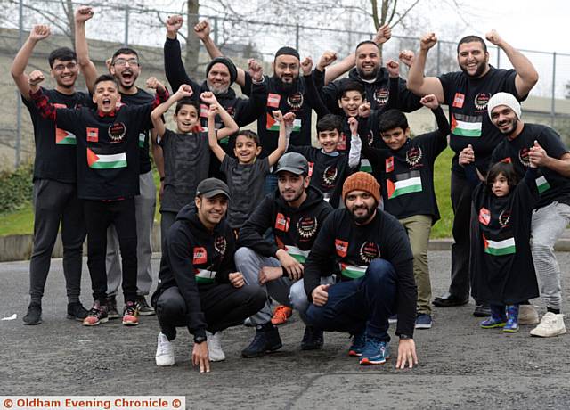 MARATHON men . . . three of the five runners who will be taking part in the epic run, Atiff Mazhar, Saif Ahmed and Shazad Saddique with friends and family cheering them on