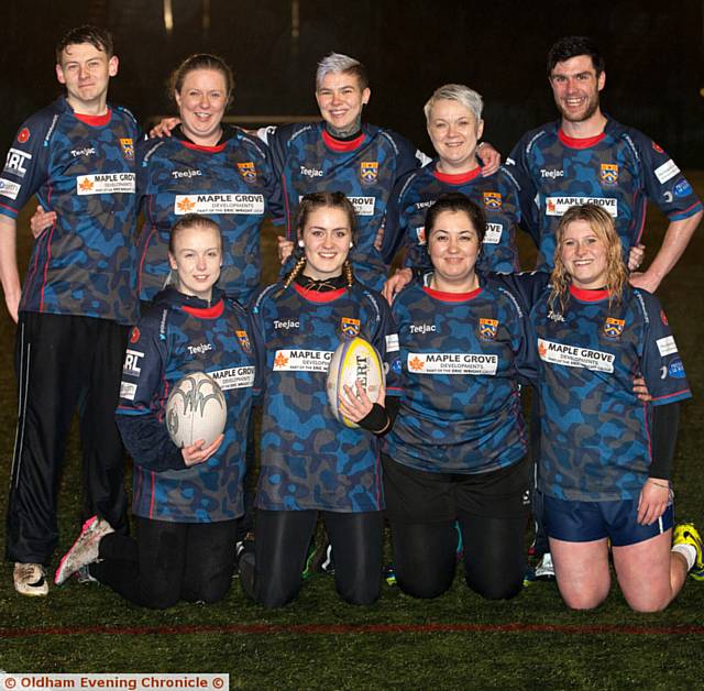 TRAINING for the new ladies' and girls' Rugby Union team. From left, back, Matt Dyson (coach), Emma Jenkins, Rachel Wright, Deone' Blignaut, Kieran Burrows. Front: Lizzie Lindley, Penny Bardsley, Antonia Fick and Becky Hughes.