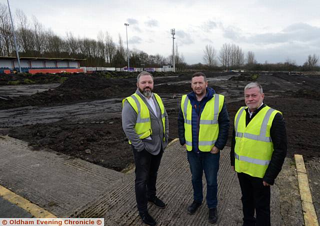 TAKING shape . . . Rob Fuller, centre, chairman of Avro FC checks on progress at the newly-named Vestacare Stadium with Norman Lowrey (left), Vestacare managing director, and Danny Hughes Vestacare director