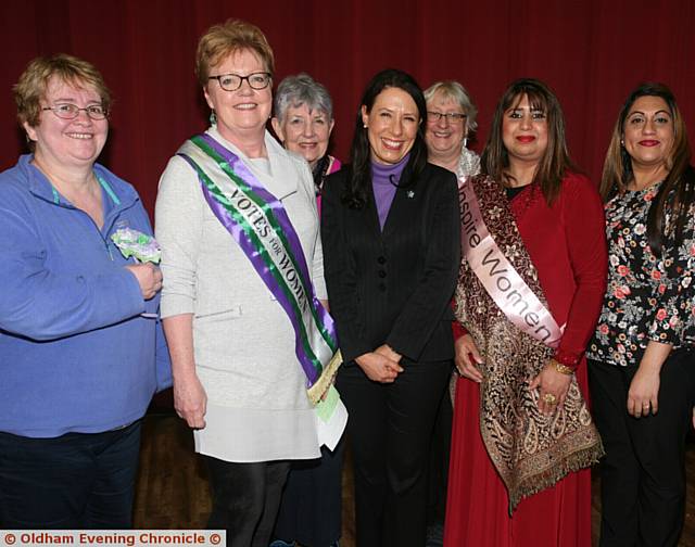 WOMEN united . . . At Saturday's event are, from left, Councillor, Jean Stretton, Oldham Council leader, Councillor Jenny Harrison, Councillor Susan Dearden, Oldham East and Saddleworth MP Debbie Abrahams, Councillor Hanna Roberts, author Carol Talbot, Councillor Yasmin Tor and Umar Nasheen.
