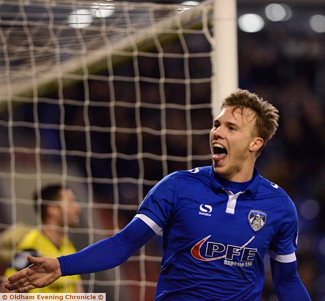 Oldham Athletic 2 v Oxford United 1. Pic shows Lee Erwin celebrating his first goal.