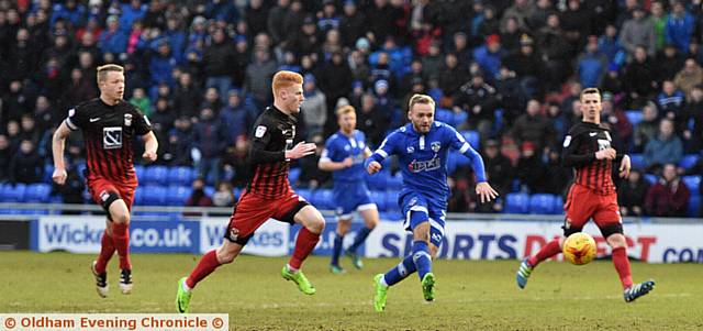 POSITIVE OUTLOOK . . . Ryan McLaughlin is pictured scoring Latics' victory-clinching third goal against coventry last month