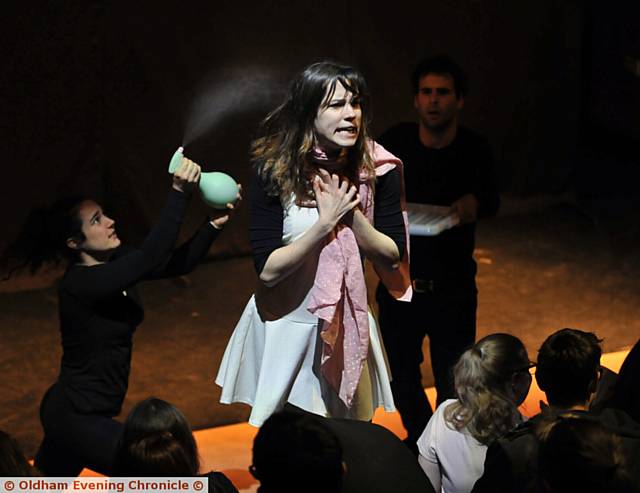 CENTRE stage . . . Juliette Dutant, from the Pickles Theatre Company from Belgium performs at Oldham Sixth Form College
