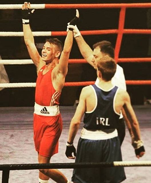 MEDAL HUNT . . . Will Cawley celebrates after defeating Ireland's Jaden Moore in the quarter-final stage in Romania