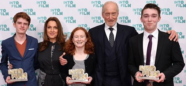 Nick Connor (right) with Charles Dance and James Bond producer Barbara Broccoli and the two other 'Ones to Watch' winners, Kerri Donohoe and Dylan Starr-Adams at the INTO film awards