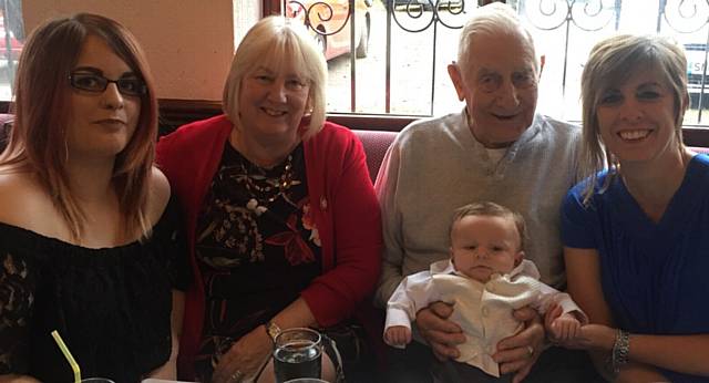 FIVE generations of one family gathered to celebrate the Christening of their newest member and snapped this picture of everyone together for the special event (L-R) Mum Georgia Wiggins, great grandma Ann Booth, great great grandfather Arthur Horsfall with Roman Arthur Cameron Dempsey on his lap and grandma Joanne Booth.