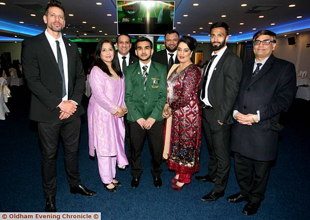 Gala dinner for Oldham snooker player, Hamza Akbar, held at the Werneth suite, Oldham. Pic shows, L/R, Sajid Mahmood, cricket player, Yasmin Qureshi, MP, from Bolton, Hamza Akbar, Oldham snooker player, Naz Shah, MP, from Bradford, Adil Anwar, boxer, Amjad Malik, overseas Pakistani foundation. Back row, from the left, Ikram Butt, ex Pakistan and England rugby player, Mohammed Nisar, organiser of the event.