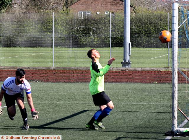 SO CLOSE: Callum Barrow, of Alt Athletic, can't believe it a goal goes begging against Old Skool