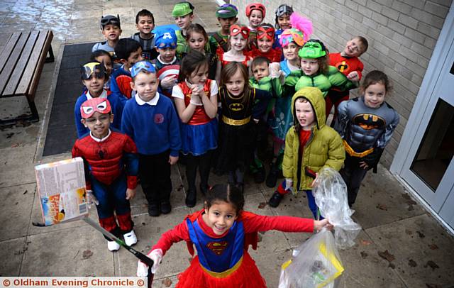 Crompton Primary School, Crompton take part in the Great British Spring Clean Litter Heroes. Pictured here (front) leading the way is Indiya Rowe (5) with fellow pupils all dressed as superheroes.
