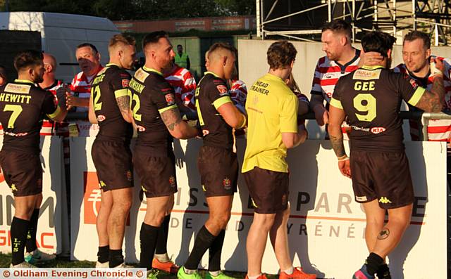 THANKS FOR YOUR SUPPORT . . . Oldham players shook hands with each Roughyeds fan who made the trip to France