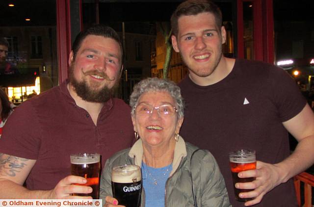 
Oldham RLFC play Toulouse in France. PIC shows Vera Hough (85). She has been watching Oldham Rugby for 83 years. As a young child she was taken at 2 years old to her first game by her father. Vera enjoyed a pint of Guinness after the game with Michael Ward and Mikey Wood.