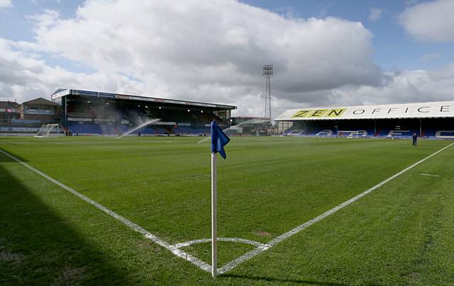 A general view of the pitch from the corner flag at SportsDirect.com Park, Oldham..