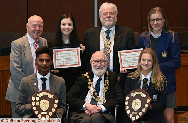 TOP marks 

. . . (back, from left) Ray Coverley (Community Service Chairman and organiser), Nadia Magro-Smart (16+ runner up/ Hulme GS), Neil Taylor (President) and Daisy Hilton (11-15 runner up/ Hulme GS). Front: Jahangir Alom (winner 16+/ Oldham Sixth Form College), Cllr Derek Heffernan (Mayor) and Katie Ball (winner 11-15/ Saddleworth School)