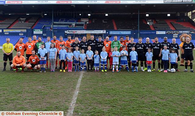 LINE-UP . . . The teams of former Athletic players and TV celebrities at SportsDirect.com Park
