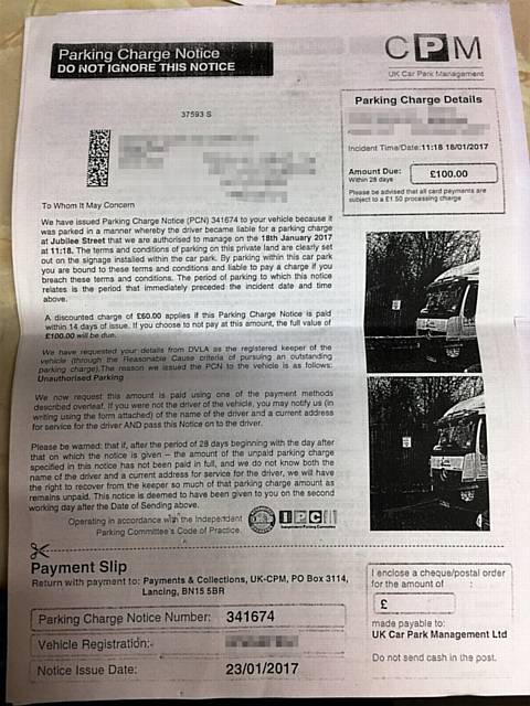 UK Car Park Management (CPM), on behalf of the Pie and Mash Shop, issued a parking notice to a delivery driver.