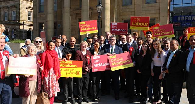 Tom Watson visting Labour candidates Debbie Abrahams and Jim McMahon in Oldham