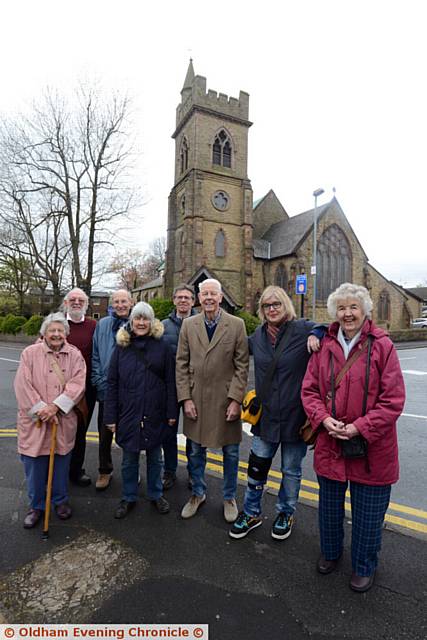 Local historian John Fidler shows the family of former mill owner Alfred Butterworth around local places of interest including Christ Church, Chadderton. Left to right, Joan Warlow, John Fidler, Tony Adams, Gillian Adams, Nick Warlow, Nigel Butterworth, Pip Farquharson, Carol Wright.
