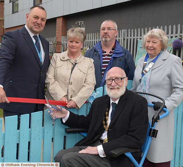 Official opening of sensory garden at Royal Oldham Hospital in memory of Jordan Ryan. Pictured here are (l-r) Paul Howarth Site services manager, her mum Julie Ryan and dad Noel Ryan, Anne Morris Chair league of Friends and Mayor of Oldham councillor Derek Heffernan 
